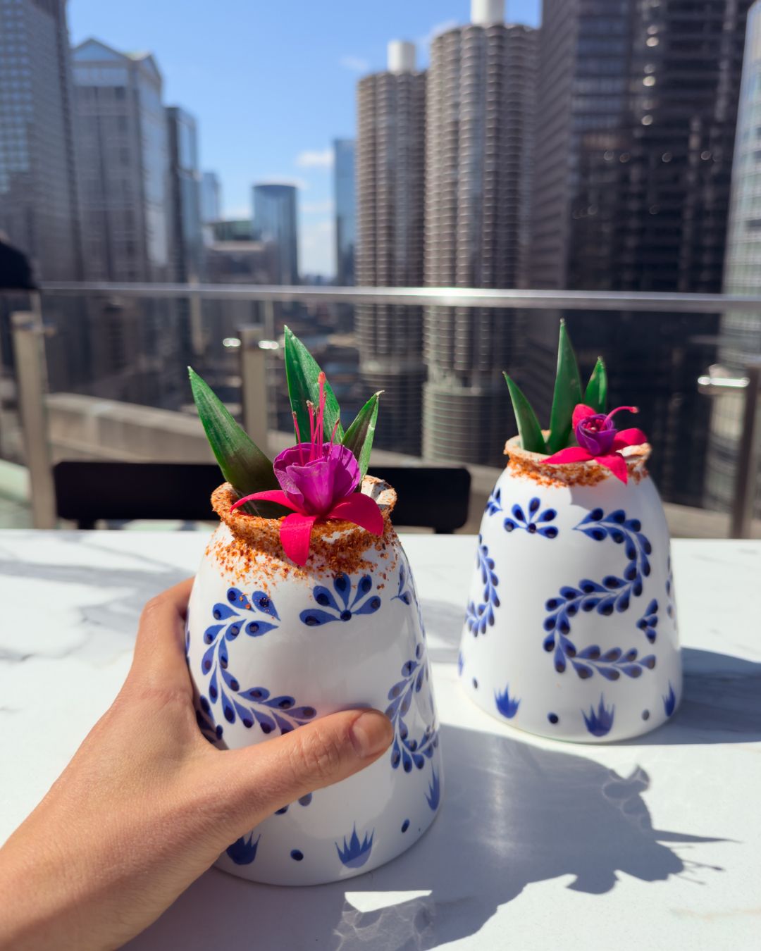 Mi Cielo cocktail made with Clase Azul Reposado Tequila served in an upcycled Clase Azul decanter glass at LondonHouse Chicago